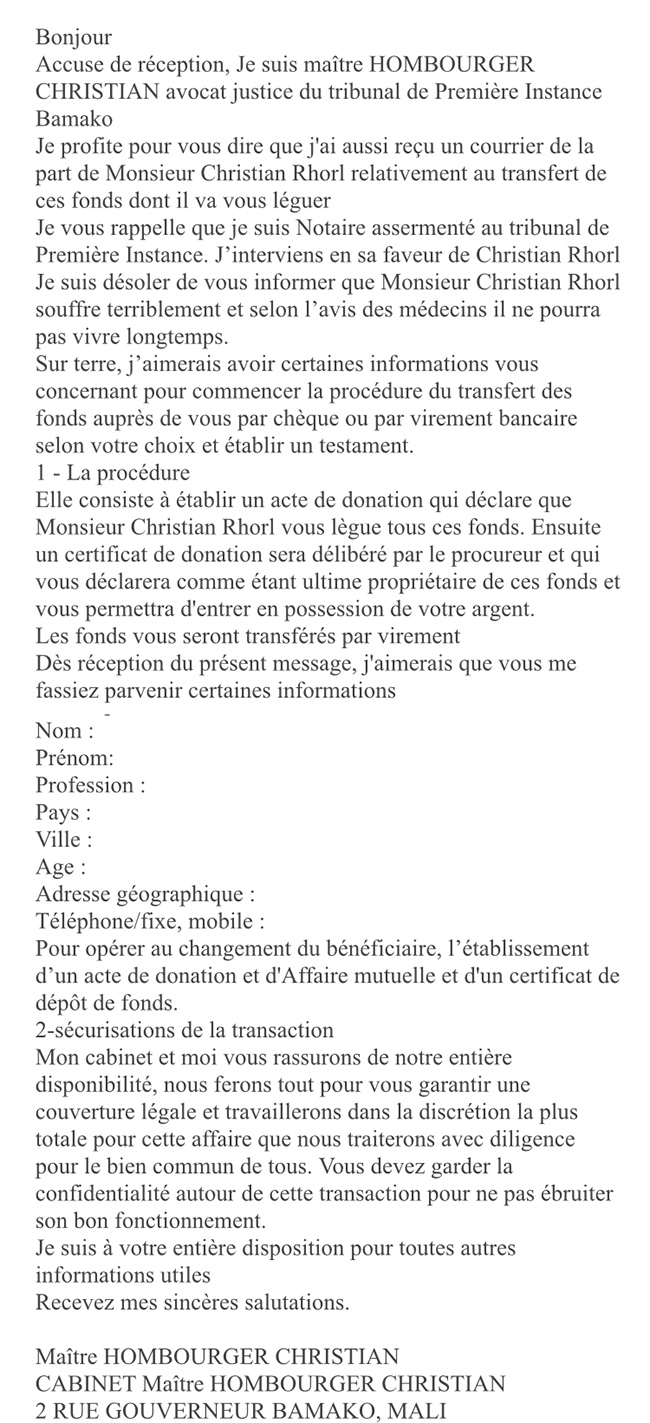 Lettre faux avocat arnaque mali